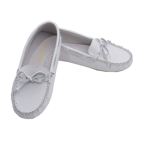 L'Amour Little Big Kids Girls White Bow Leather Moccasin 11-4 Kids - SophiasStyle.com